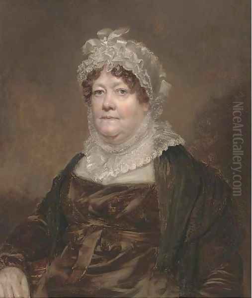 Portrait of a lady, bust-length, in a brown dress wearing a lace bonnet - view 1