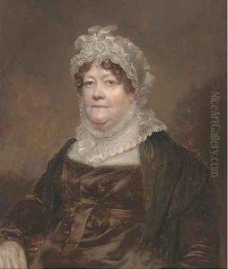 Portrait of a lady, bust-length, in a brown dress wearing a lace bonnet