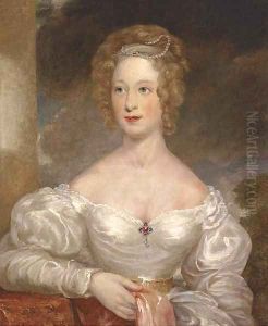 Portrait of a lady, bust-length, in a white silk dress with pearl tiara
