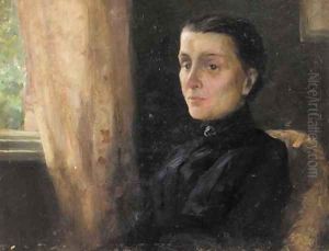 Portrait of a lady, bust-length, seated in an interior, wearing a black dress by English School
