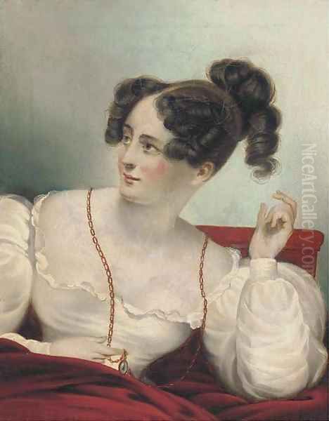 Portrait of a lady, seated half-length, in a white dress, holding a locket - view 1