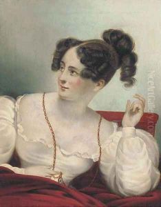 Portrait of a lady, seated half-length, in a white dress, holding a locket by English School