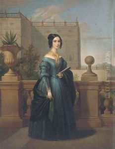 Portrait of a lady, small full-length, in a blue dress with a green wrap and a yellow scarf Portrait of a lady, small full-length, in a blue dress with a green wrap and a yellow scarf