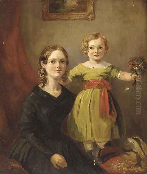Portrait of a mother and child, the mother in a black dress and her child in a green dress holding a posy, in an interior - view 1