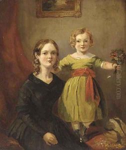 Portrait of a mother and child, the mother in a black dress and her child in a green dress holding a posy, in an interior by English School