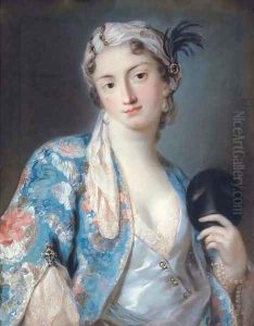 Portrait of a young lady in oriental costume, holding a carnival mask by English School