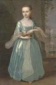 Portrait of a young lady, full-length, in a blue dress with lace trim by English School
