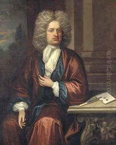 Portrait of an artist, three-quarter-length, in a red and blue lined cloak