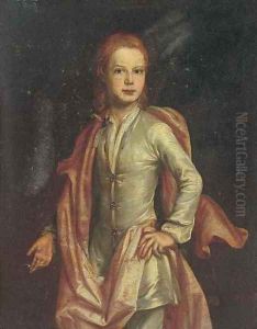 Portrait of boy, three-quarter-length, in a pale blue coat and an orange cloak by English School