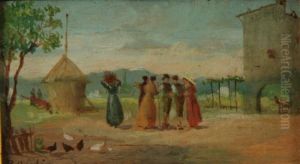 Contadini In Un'aia by Raffaelo Sorbi