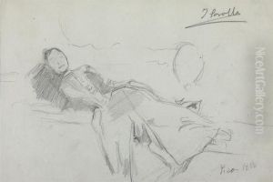 A Lady, Probably The Artist's Wife, Reclining On A Sofa by Joaquin Sorolla Y Bastida