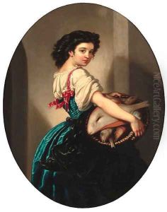 Study of a girl with a basket of fish by English School