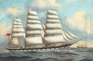 The celebrated three-master Loch Garry under full sail at sea by English School