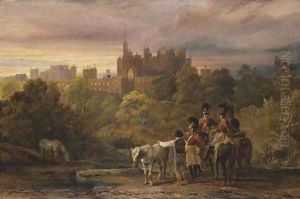 View Of Alnwick Castle From The South, With Soldiers And Horses In The Foreground by English School