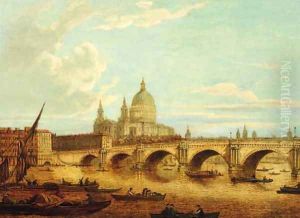 View of Blackfriars Bridge and St. Paul's Cathedral with shipping in the foreground by English School