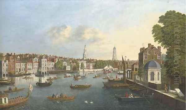 View of the Thames, with the Savoy Palace, Savoy Church, Somerset House, and the spires of St. Mary-le-Strand and St. Clement Danes - view 1