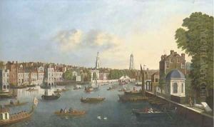 View of the Thames, with the Savoy Palace, Savoy Church, Somerset House, and the spires of St. Mary-le-Strand and St. Clement Danes by English School