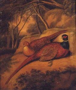A Cock and Hen Pheasant in a wooded Landscape by English School