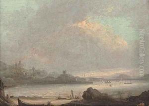 A costal inlet with fishermen in the foreground, a town beyond
