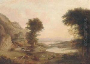 A drover with cattle in a classical landscape