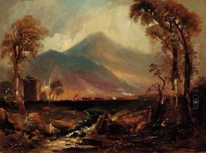 A drover with cattle on a bridge in a Highland landscape