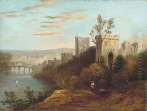 A figure before a riverside castle A figure before a riverside castle