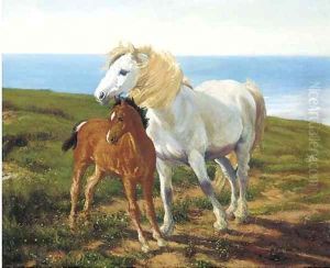 A grey pony and chestnut foal in a coastal landscape