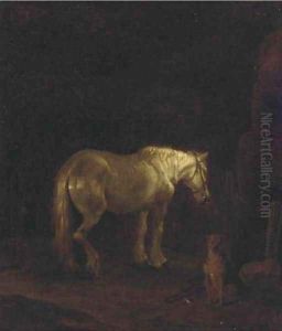 A horse and dog in a dark landscape by English School