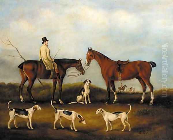 A huntsman on horseback with hounds in a landscape - view 1