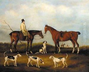 A huntsman on horseback with hounds in a landscape by English School