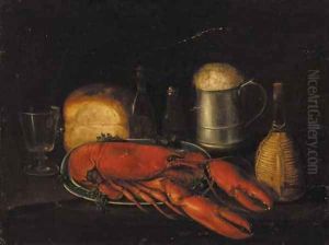 A lobster, a tankard of ale and a loaf of bread on a table by English School