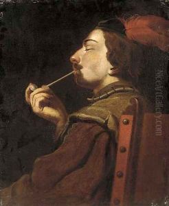 A man smoking a pipe by English School