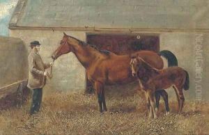A mare and foal held by a groom by English School