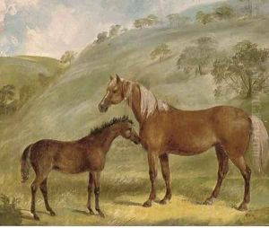 A mare with her foal, in an extensive landscape by English School