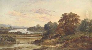 A mother and child in a country landscape with a river in the distance by English School