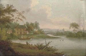 A river landscape with a cottage and elegant figures on a boat