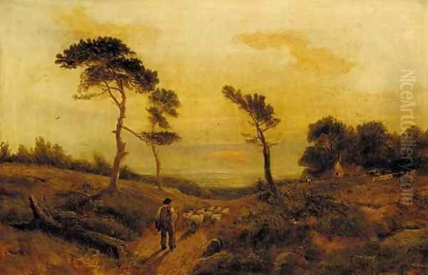 A shepherd with his flock at sunset - view 1