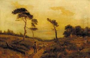 A shepherd with his flock at sunset by English School