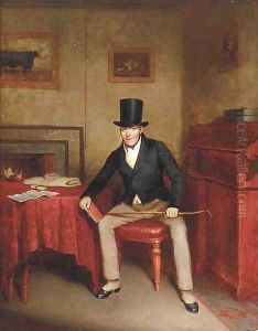 A Sportsman seated in an interior holding a record of hounds by English School