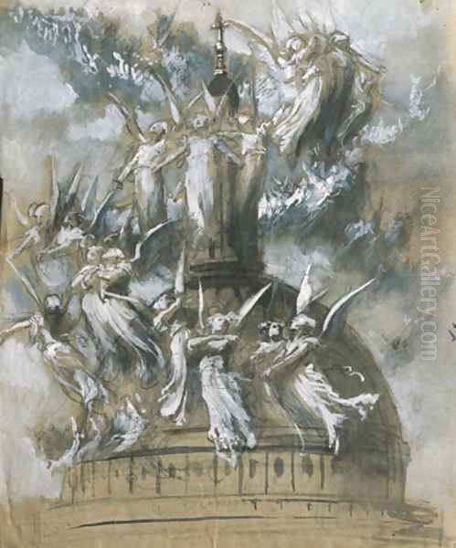 A train of angels around a cathedral spire - view 1