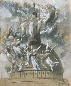 A train of angels around a cathedral spire