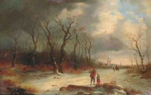 A wayside conversation in a winter landscape by English School