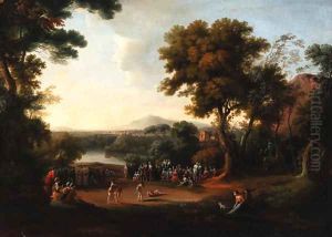 An Italianate landscape with a wrestling match and spectators in the foreground by English School