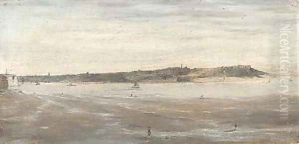 Baitpickers and other figures on the shore, vessels beyond - view 1