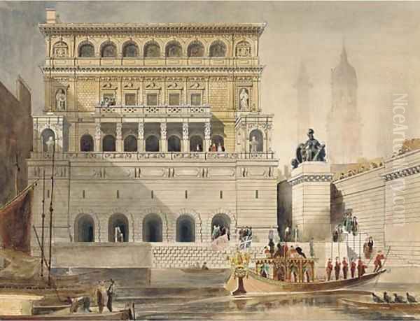 Dignataries arriving on a livery barge at Fishmonger's Hall, the Monument and the spire of St. Magnus the Martyr beyond - view 1