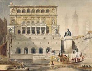 Dignataries arriving on a livery barge at Fishmonger's Hall, the Monument and the spire of St. Magnus the Martyr beyond