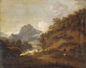 Drovers resting in a mountainous lake landscape