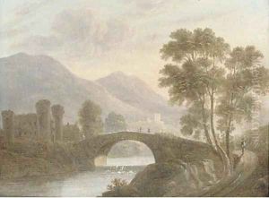Figure on a track with a castle beyond by English School