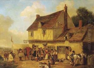 Figures and a camel before the Swan Inn