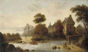 Figures and cattle before a watermill, a castle beyond by English School